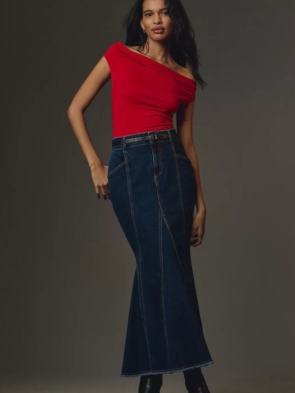 Pilcro Anthropologie Dark Wash Fluted Denim Maxi Skirt Petite 2P - Picture 1 of 7